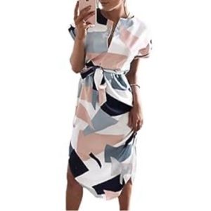 V-Neck Geometric Pattern Belted Midi Dress